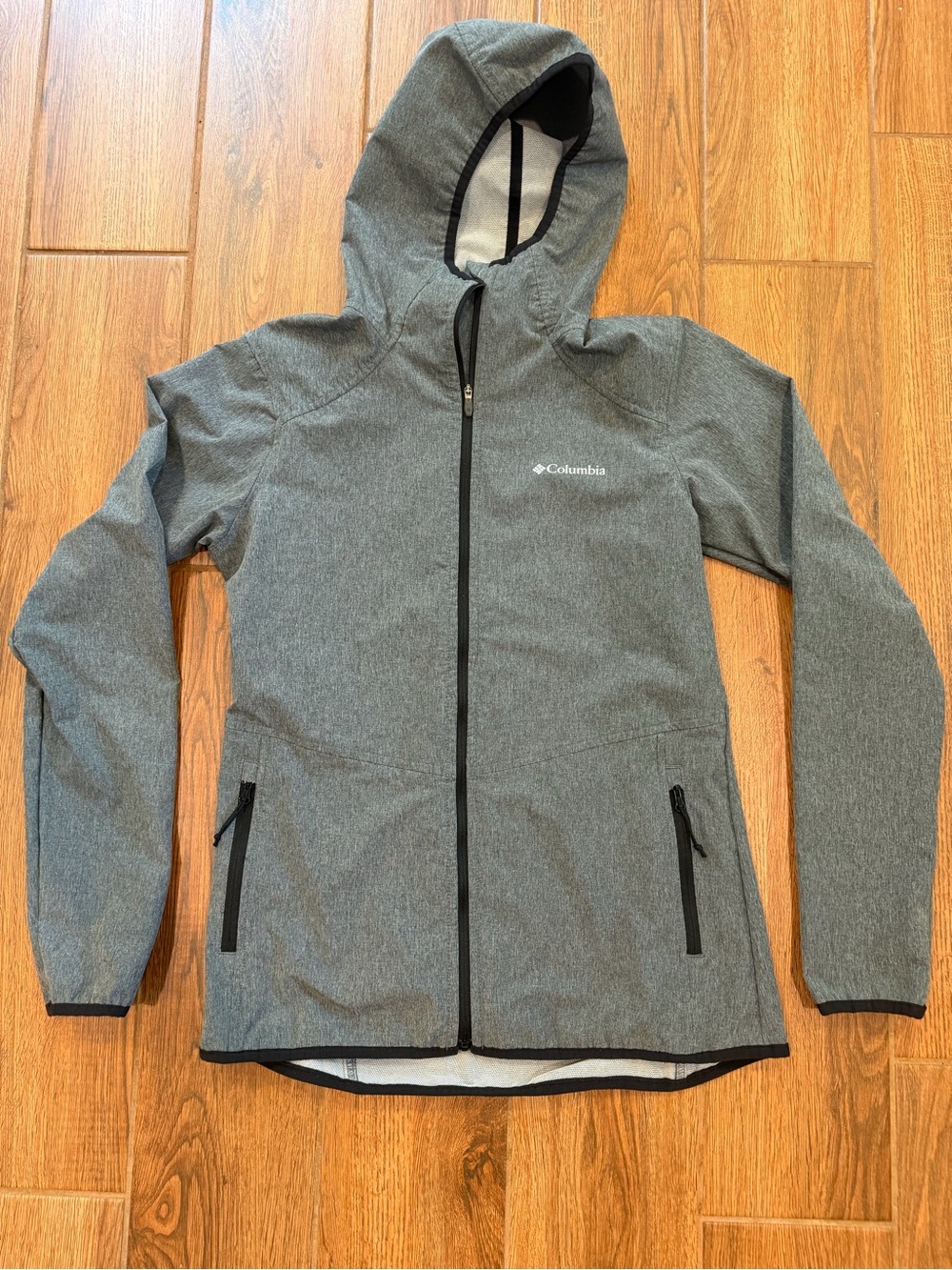 Columbia Women's Gray Hooded Full Zip Softshell Jacket Zipped Pockets Size S